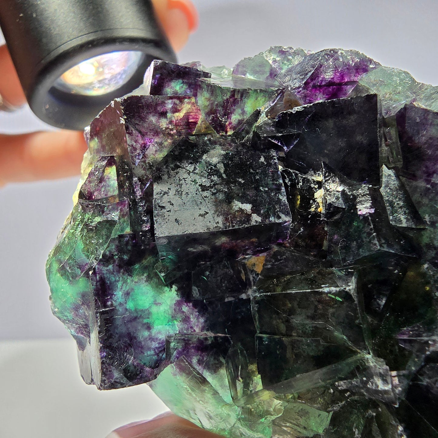 Rare spécimen de cube de fluorite fantôme, vert-violet, Okorusu, Namibie, 58 x 48 x 19 mm