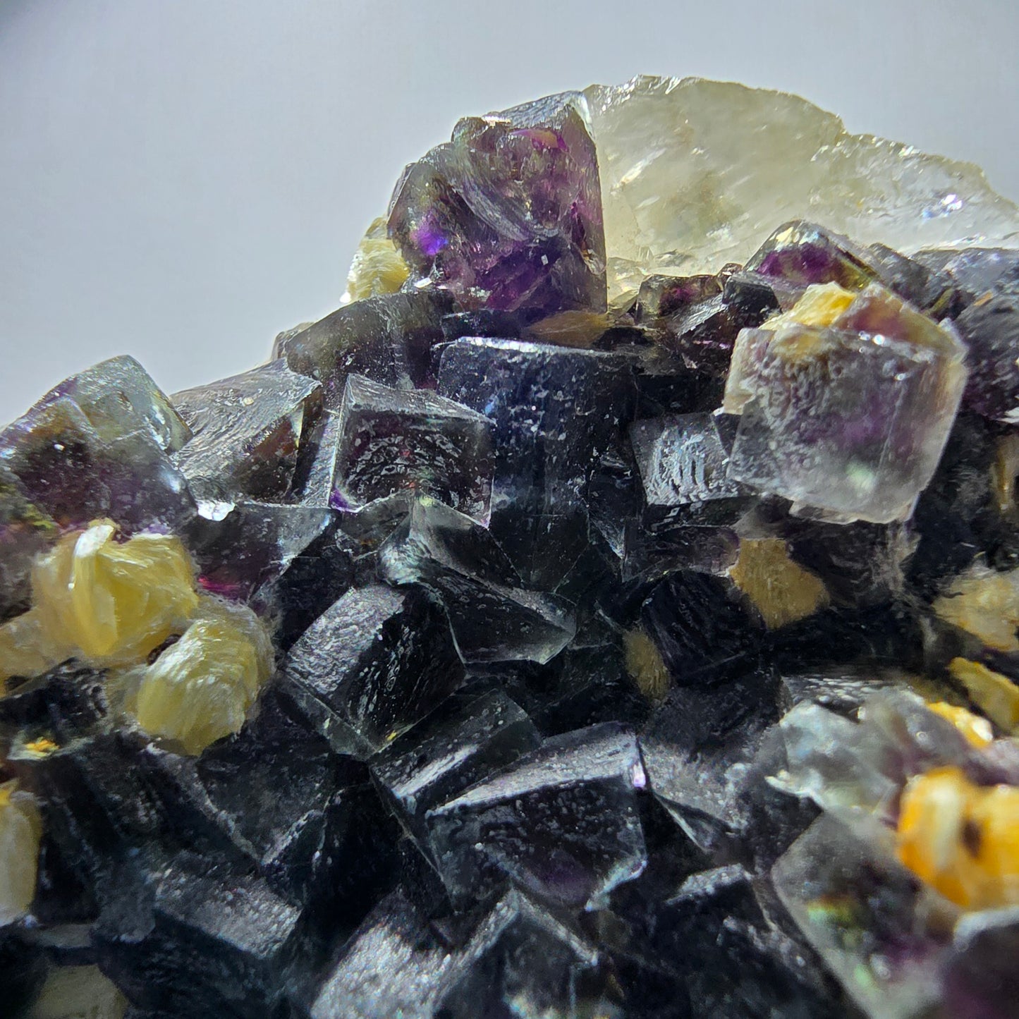 Cubes de fluorite fantôme colorés, spécimen de muscovite, Erongo, Namibie, 71 x 56 x 35 mm