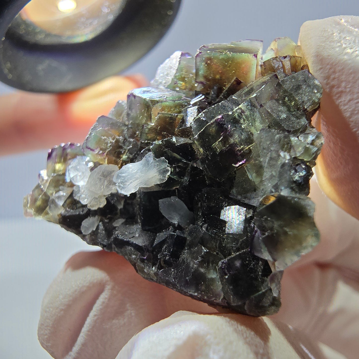 Rare cube de fluorite fantôme, spécimen de quartz vert violet Okorusu Namibie 29 x 26 x 12 mm