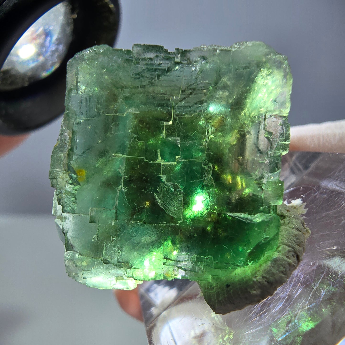 Cube de fluorite fantôme transparente parquetée, vert Okorusu, Namibie 23 x 21 x 15 mm