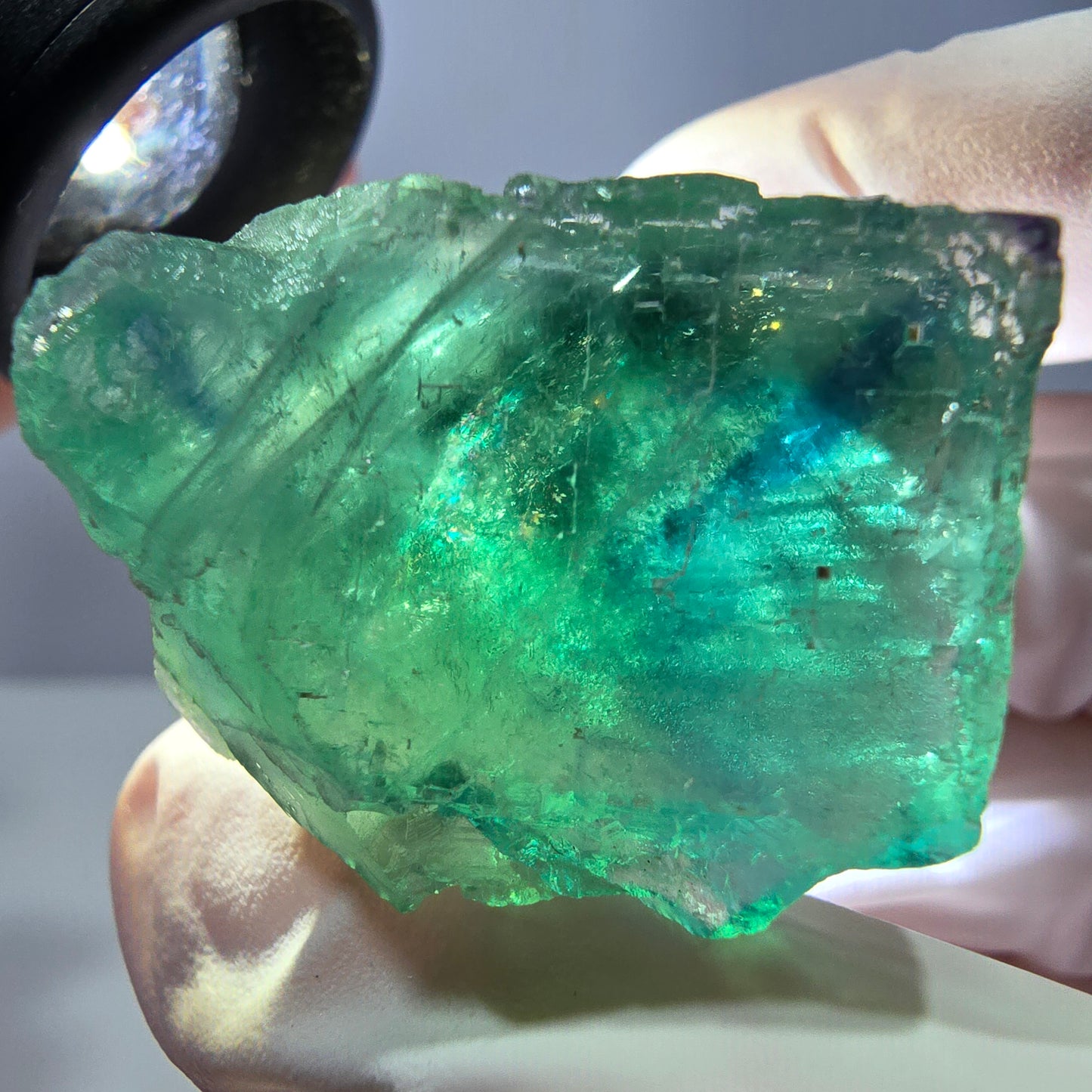 Cube de fluorite fantôme transparente parquetée, vert Okorusu, Namibie 30 x 23 x 21 mm