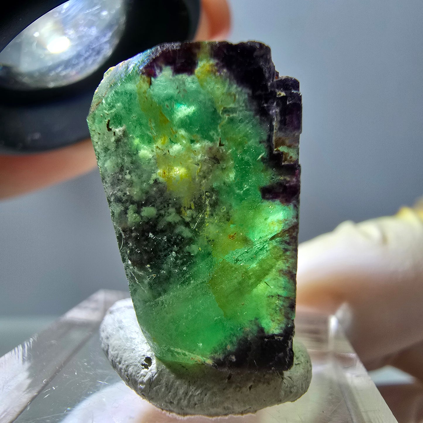 Cube de fluorite fantôme parqueté, zonal, vert violet Okorusu, Namibie 24*22*17mm