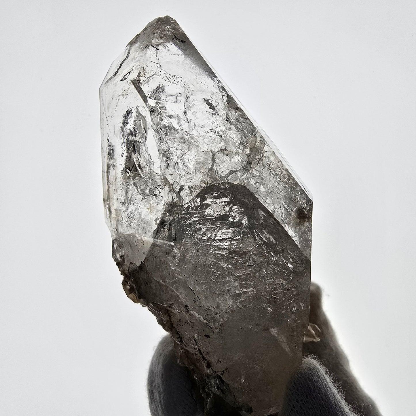 Sceptre squelette en quartz fumé Enhydro, calcite UV Valentine Pocket Goboboseb Namibie 99 x 56 x 45 mm