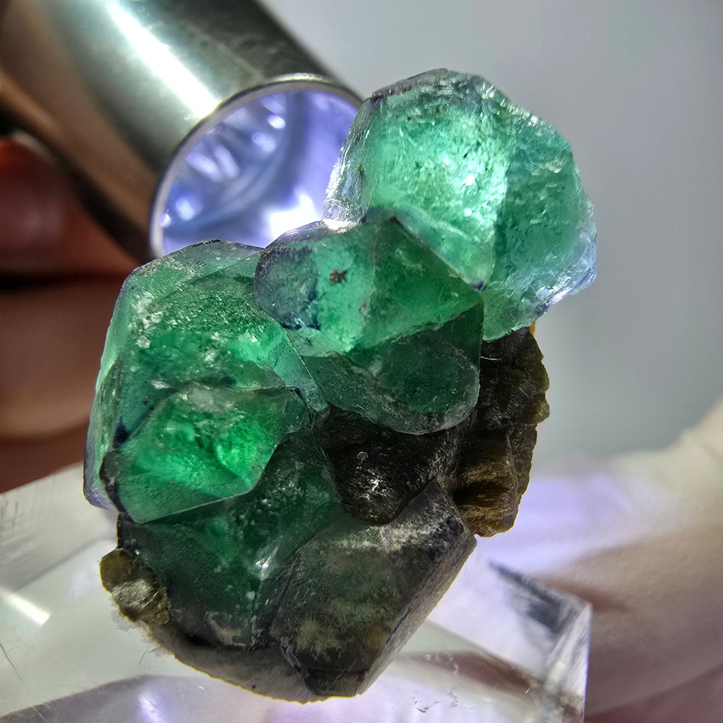 Cube hexagonal de fluorite fantôme, muscovite, tourmaline Schörl, Erongo, Namibie, 26 x 20 x 14 mm