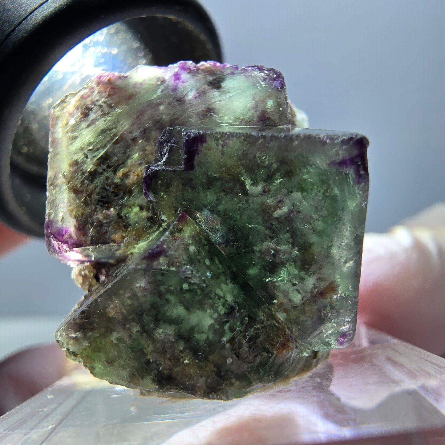 Spécimen de cube de fluorite fantôme, vert violet, Okorusu, Namibie, 24 x 20 x 20 mm
