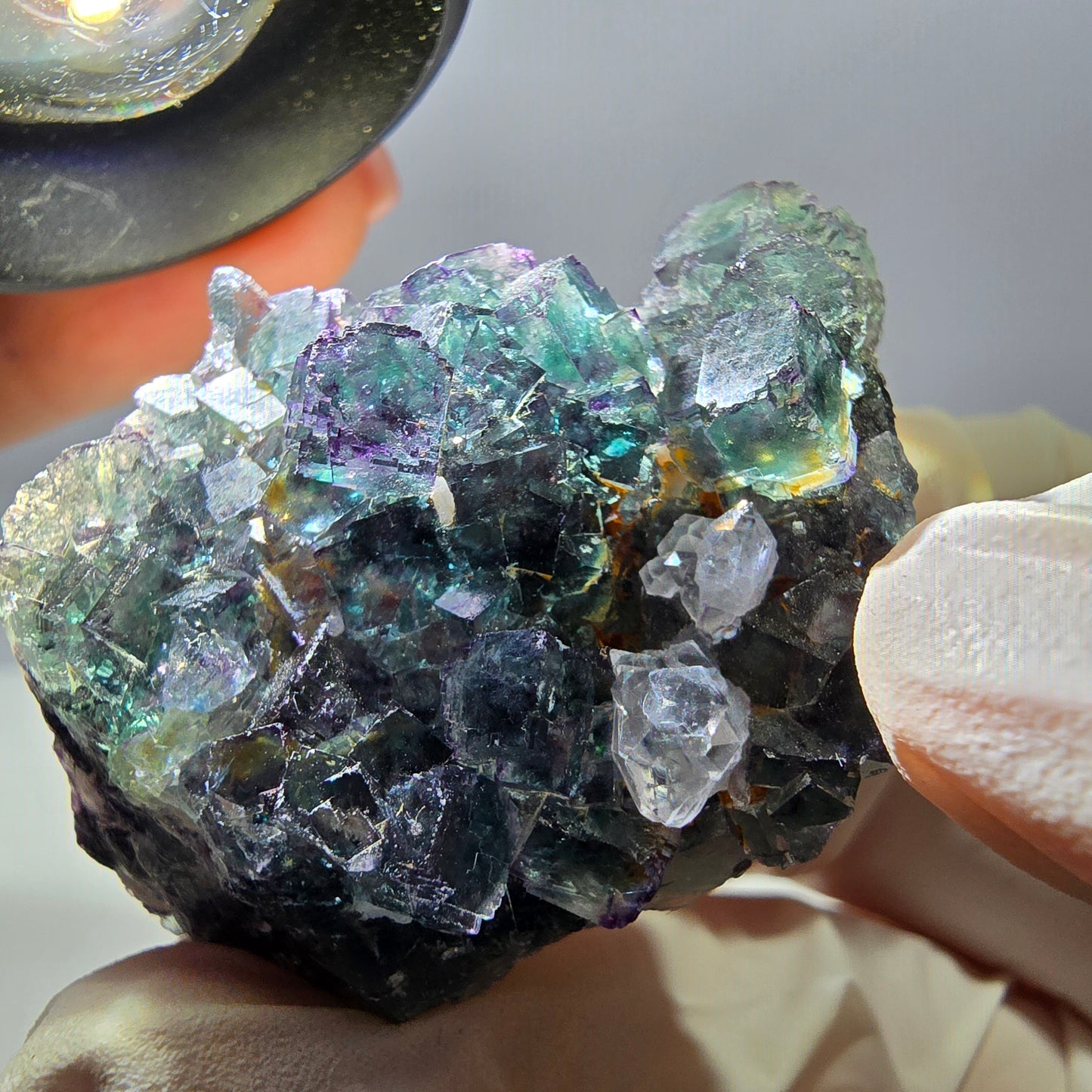 Rare cube de fluorite fantôme, spécimen de quartz vert violet Okorusu Namibie 43*33*26mm