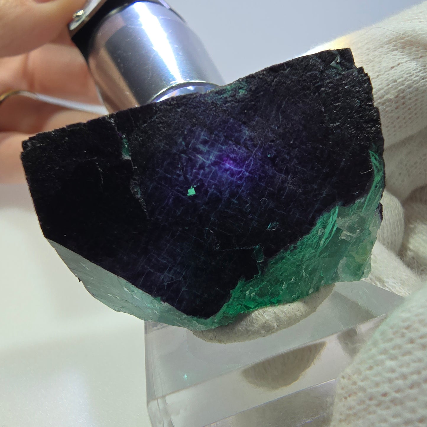 Klarer Fluorit Würfel, parkettiert grün lila 11:11 Angel Pocket Okorusu, Namibia 43*24*28mm