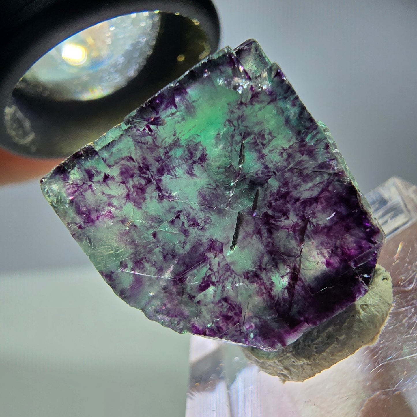 Rare cube de fluorite fantôme parqueté vert violet Okorusu Namibie 21*19*13mm