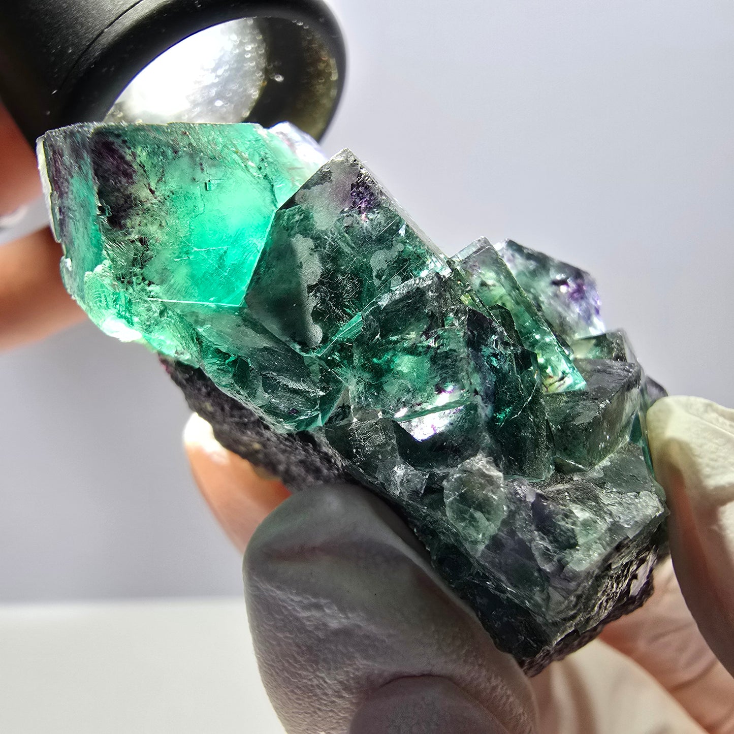 Spécimen de cube de fluorite fantôme, parqueté, vert violet Okorusu, Namibie 62*45*29mm