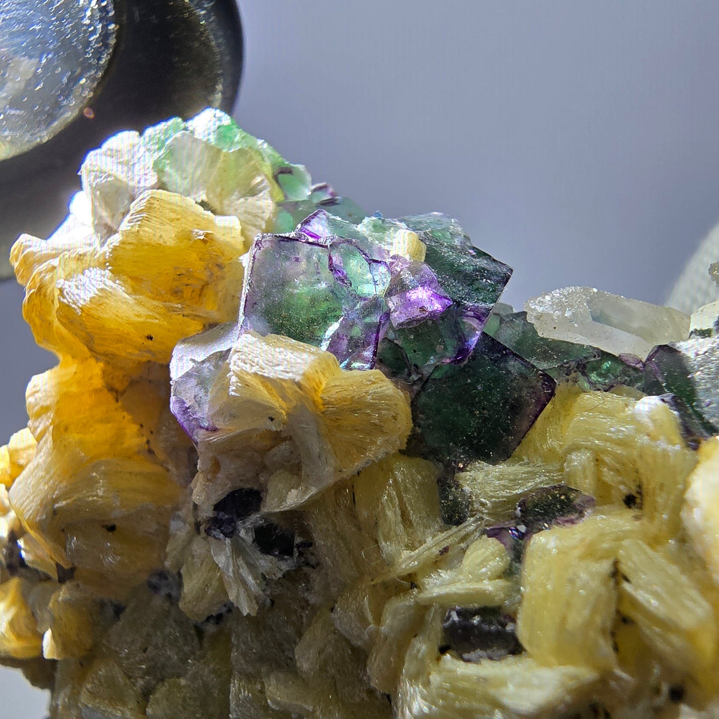 Grande fluorite fantôme, tourmaline schol, hyalite, muscovite, quartz fumé, Erongo, Namibie, 93 x 74 x 24 mm