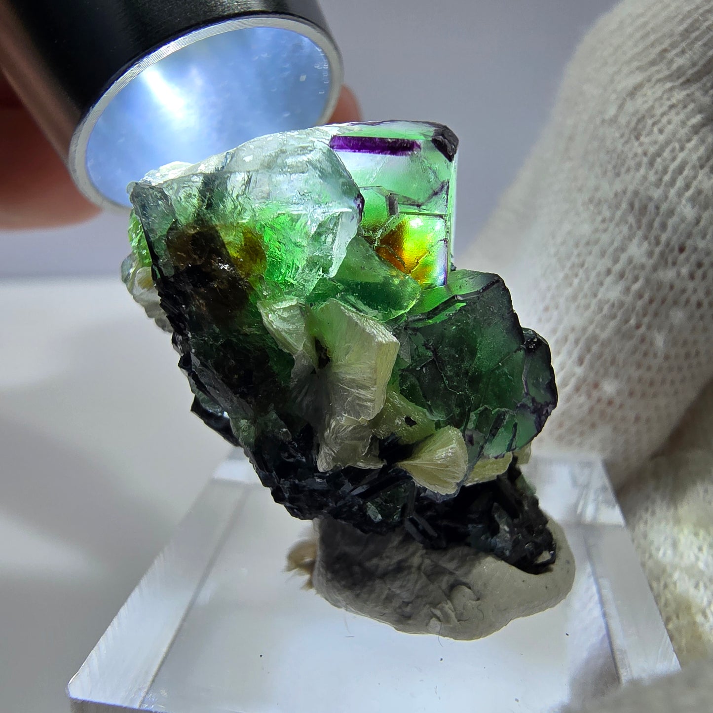 Cube de fluorite fantôme zonal, tourmaline muscovite Schörl Erongo Namibie 31*22*18mm