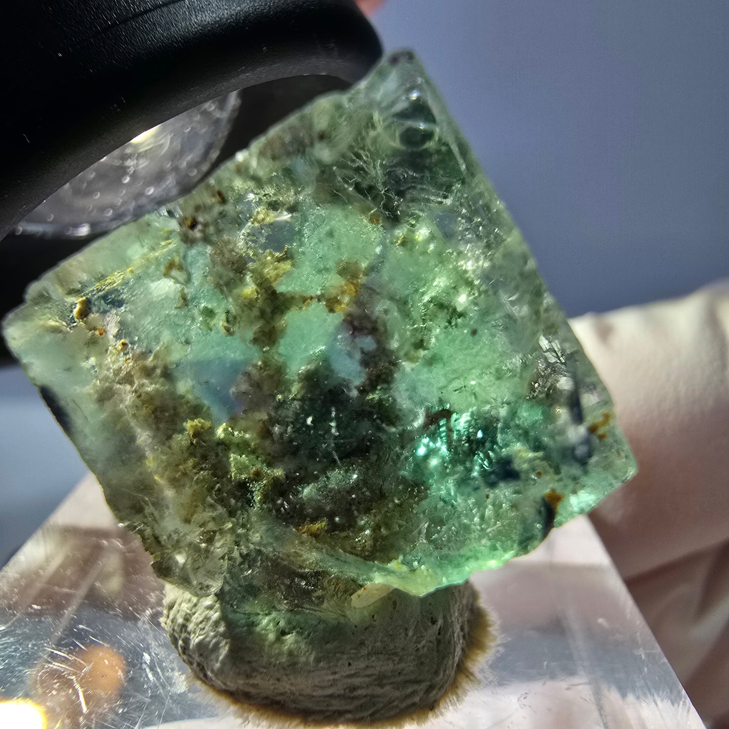 Cube de fluorite fantôme transparente parquetée, vert Okorusu, Namibie 16 x 15 x 13 mm