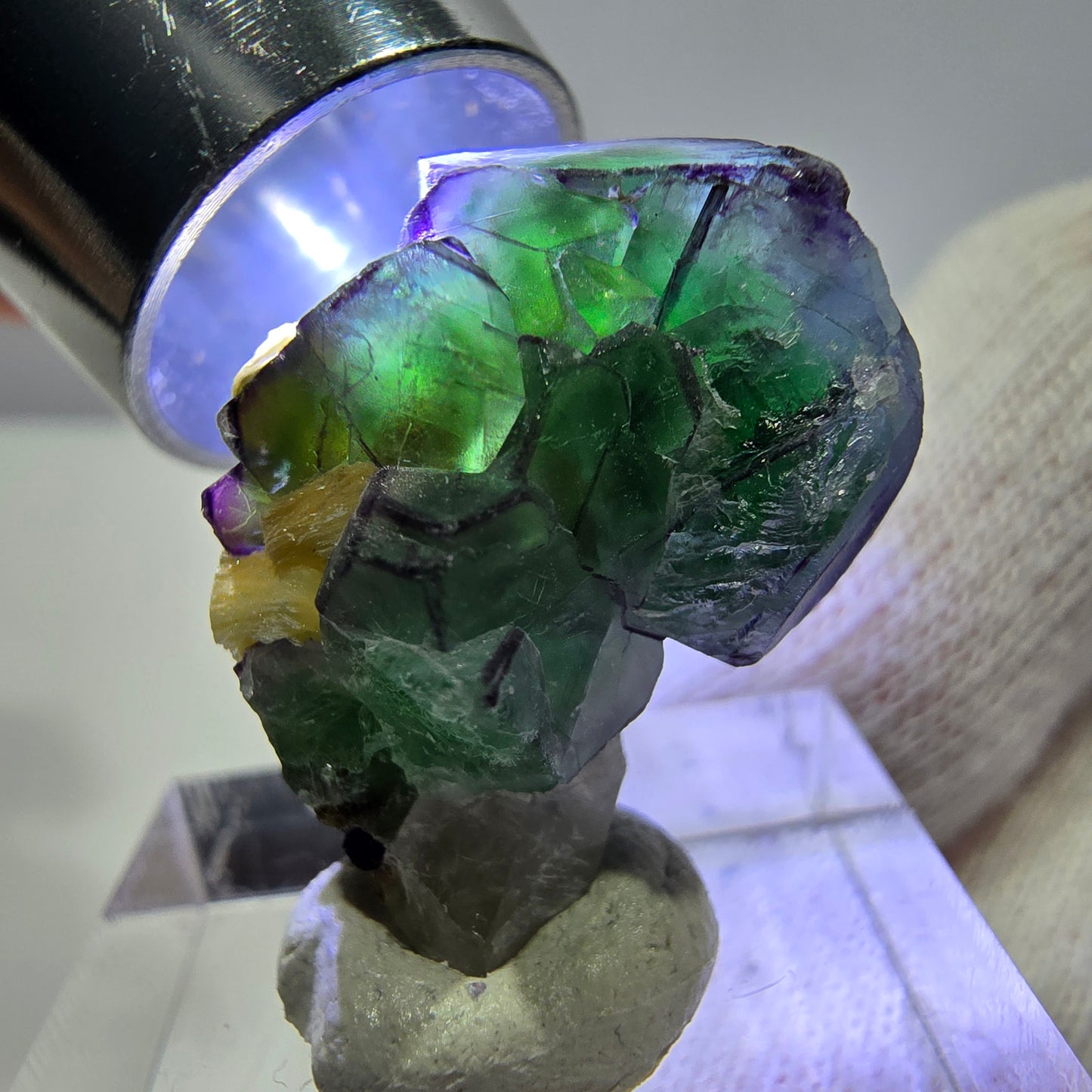 Fluorite fantôme zonale, muscovite, tourmaline Schörl, quartz fumé Erongo, Namibie 27*20*17 mm