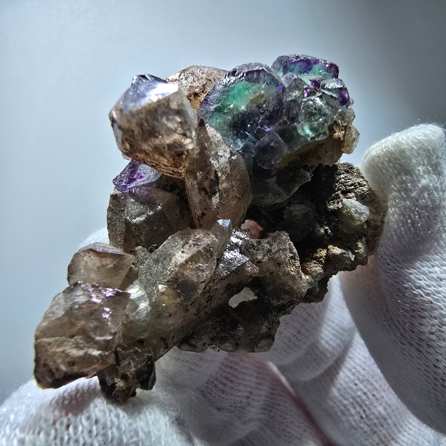 Phantom Fluorit Würfel, Rauchquarz, Hyalit Stufe Erongo, Namibia 48*36*21mm