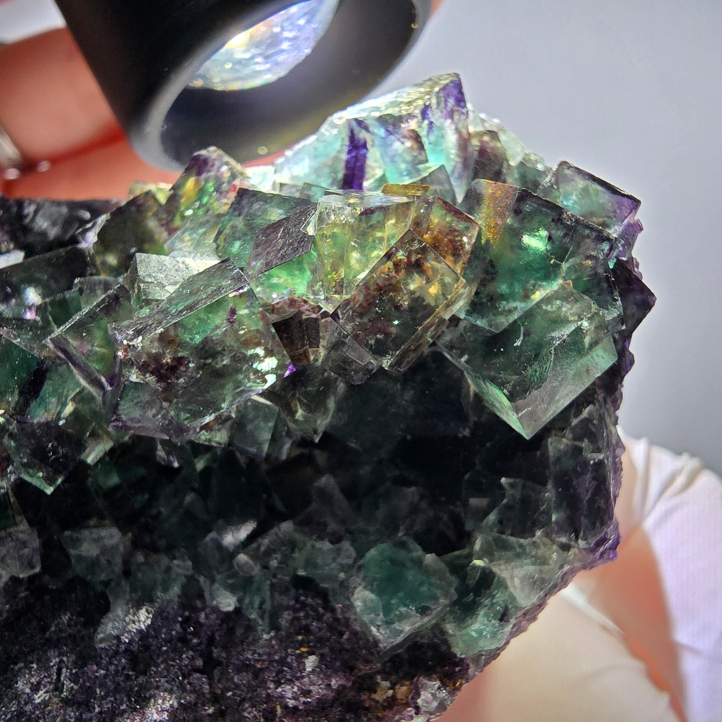 Grand spécimen de cube de fluorite fantôme, vert violet, Okorusu, Namibie, 83 x 55 x 29 mm