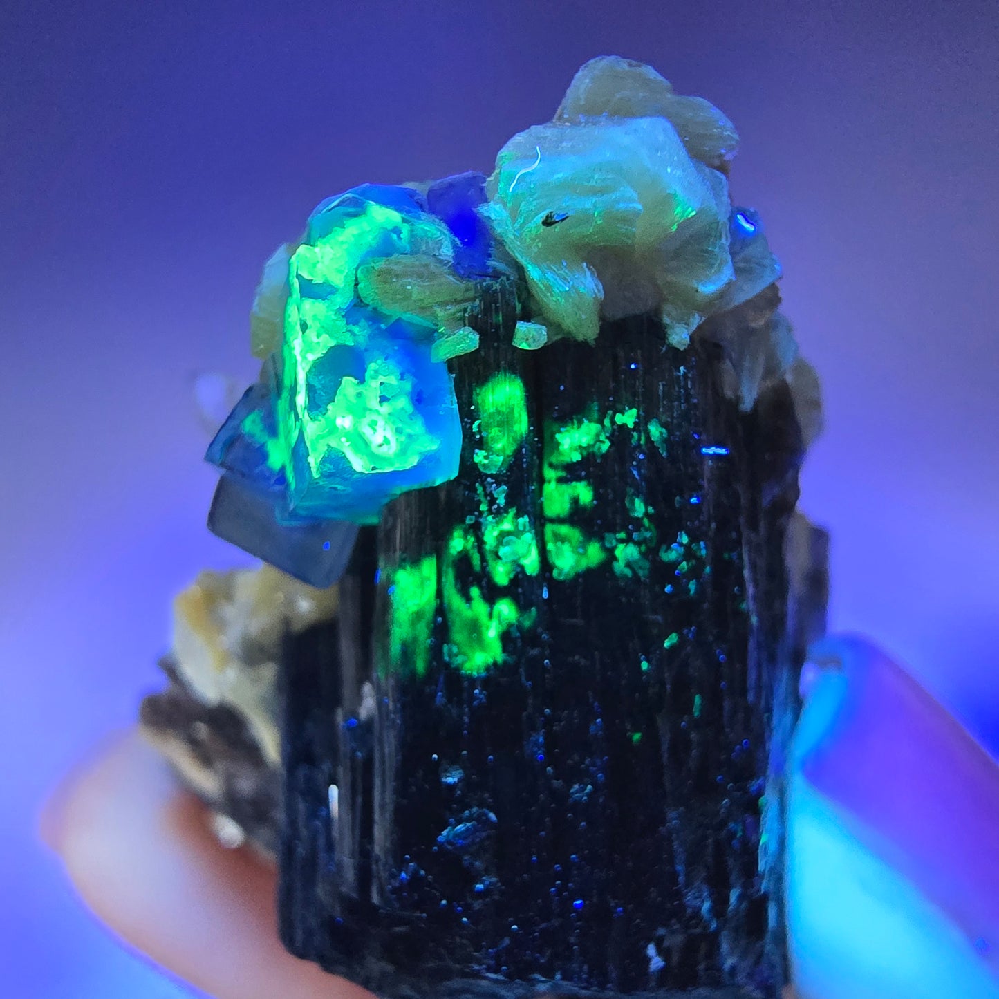 Fluorite fantôme, quartz fumé, tourmaline Schörl, hyalite, muscovite Erongo, Namibie 62*43*31mm
