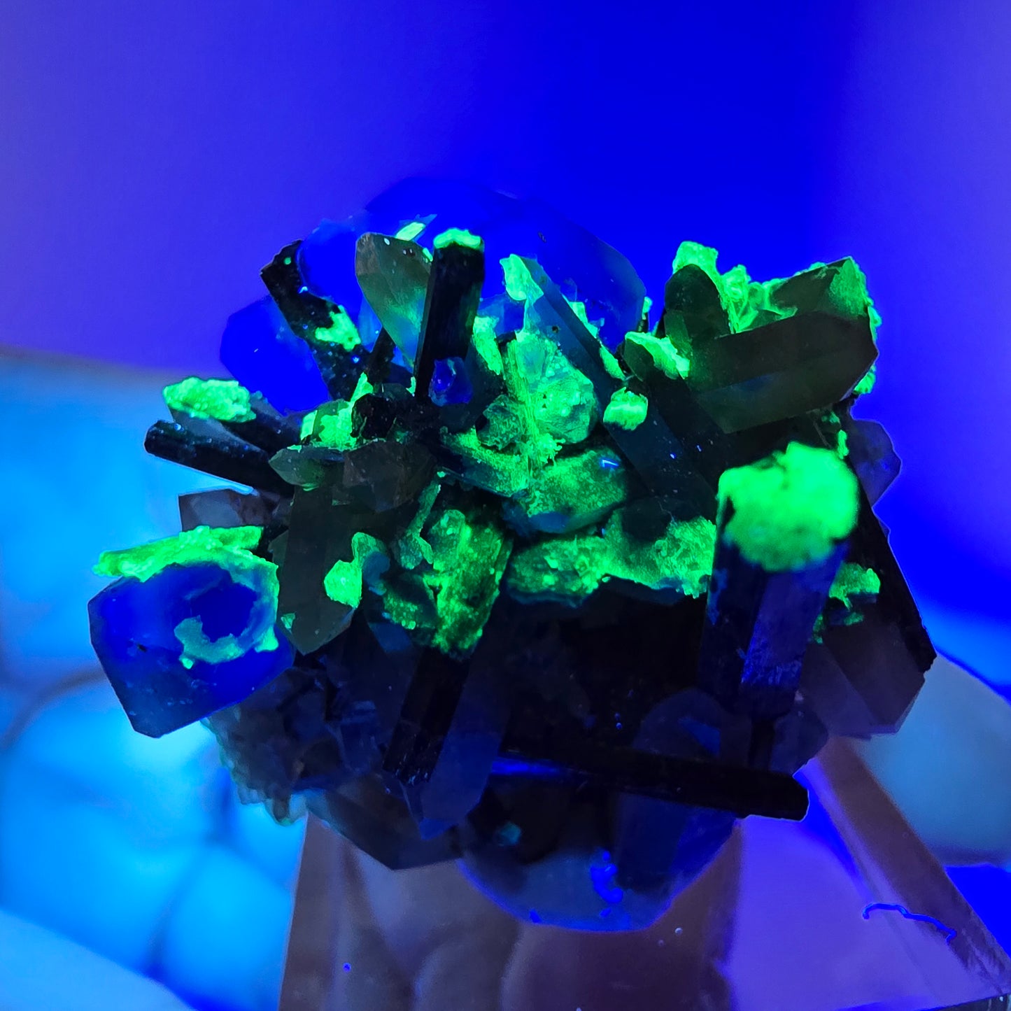 Fluorite fantôme hexagonale, tourmaline Schörl, quartz fumé, hyalite, Erongo, Namibie, 34 x 30 x 31 mm