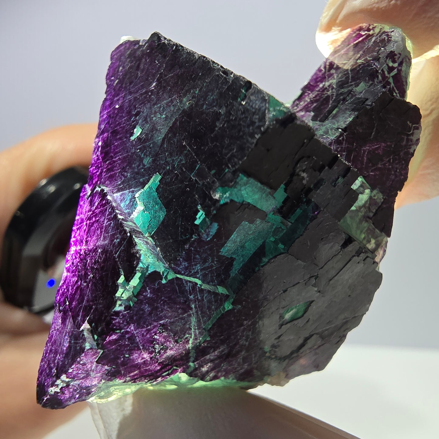 Spécimen de cube de fluorite fantôme vert violet zonal 11:11 Angel Pocket, Namibie 54*38*38mm