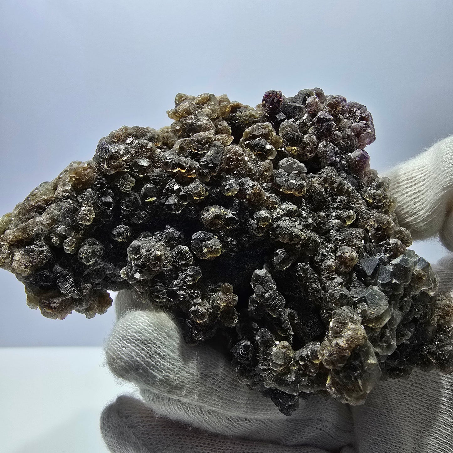 Fluorite fantôme XL, muscovite, hyalite, quartz fumé, tourmaline Schörl, Erongo, Namibie, 100 x 97 x 69 mm