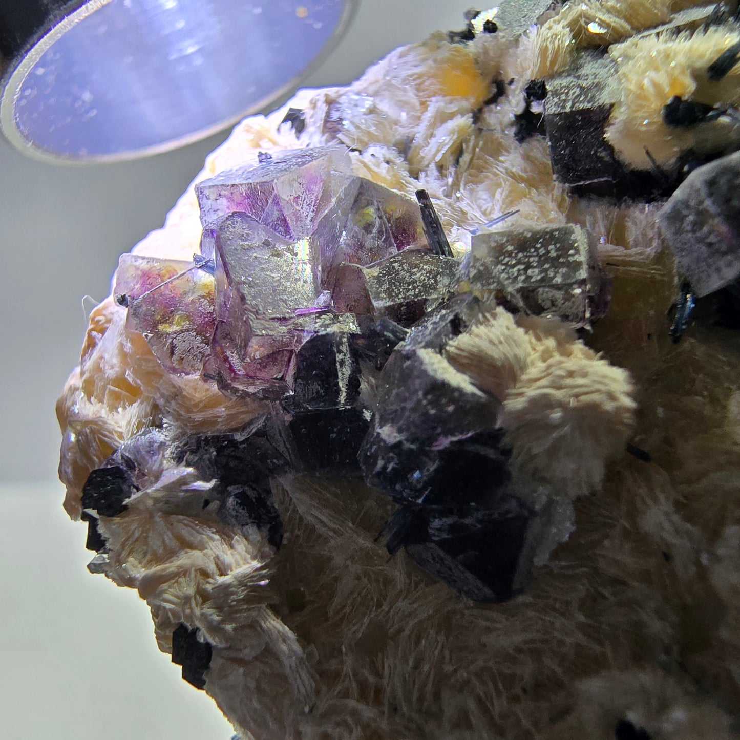 Spécimen de fluorite fantôme colorée, tourmaline scholle, muscovite, Erongo, Namibie, 54 x 49 x 40 mm