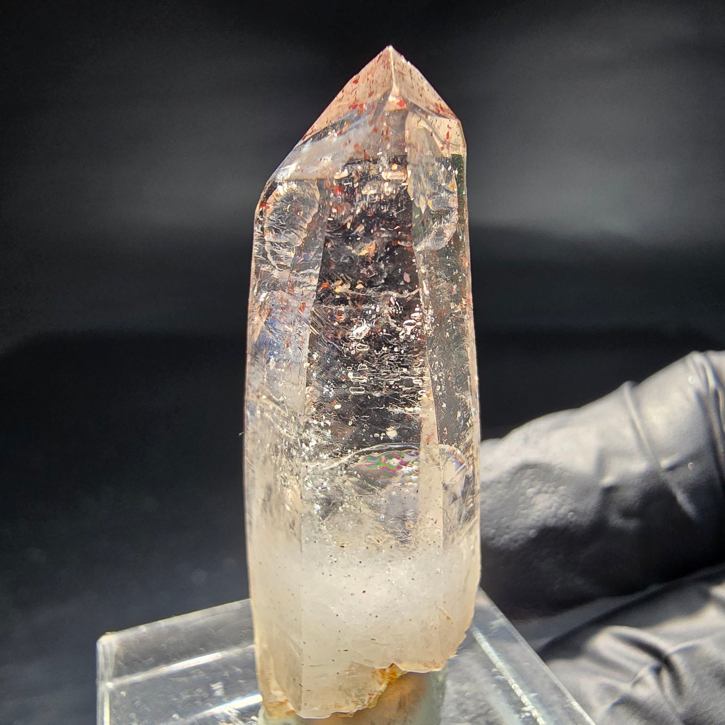 Klare Rauchquarz Spitze mit rotem Eisen Goboboseb Namibia 38*14*11mm Sammlung
