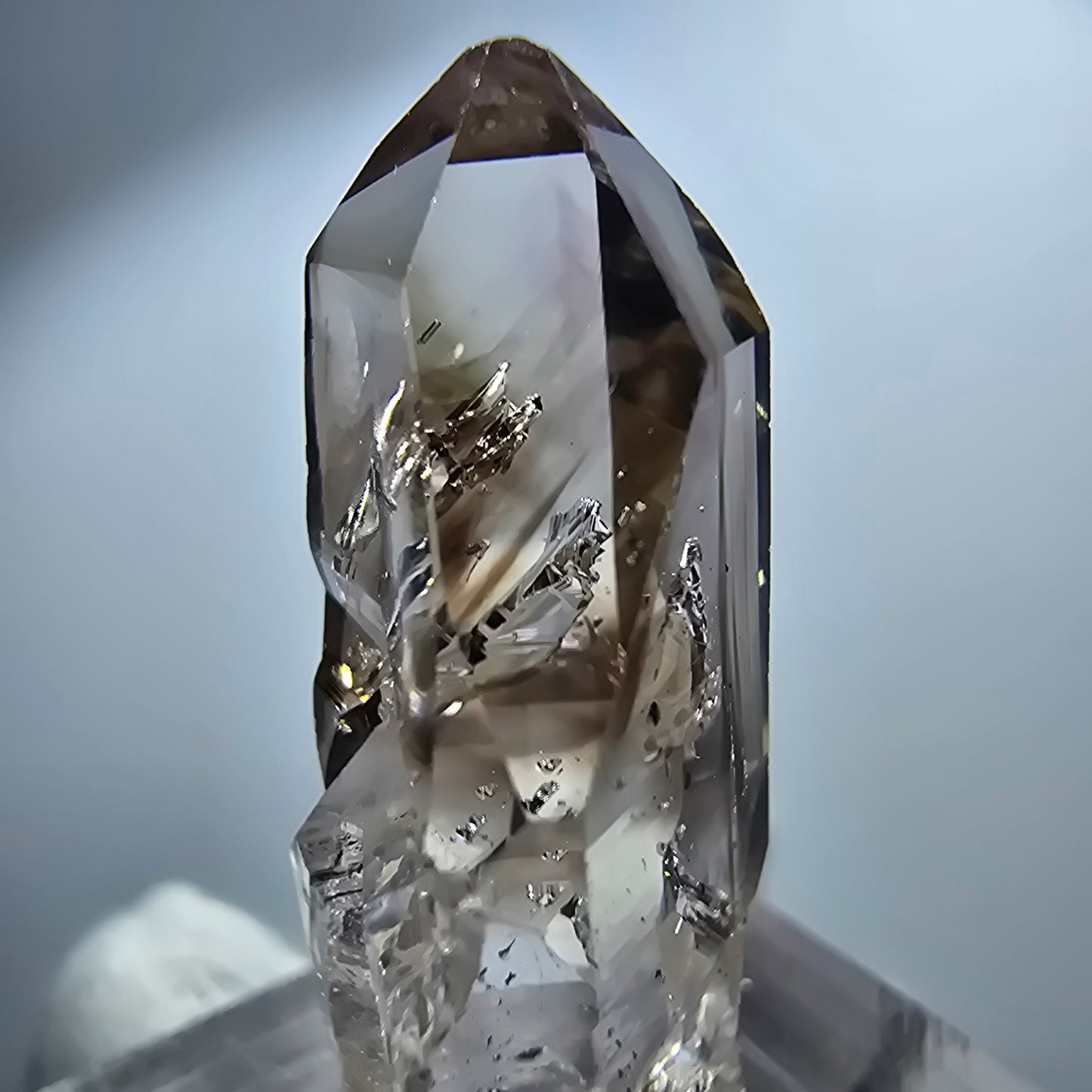 Pointe de sceptre en quartz fumé fantôme transparent, Goboboseb, Namibie, 32 x 15 x 11 mm