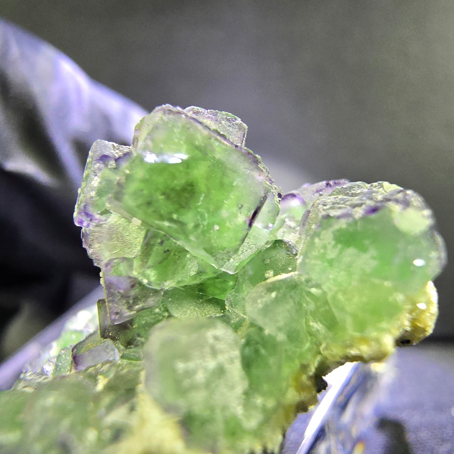 Klare Phantom Fluorit mit Schörl Muskovit Stufe grün lila Erongo, Namibia 28*24*18mm