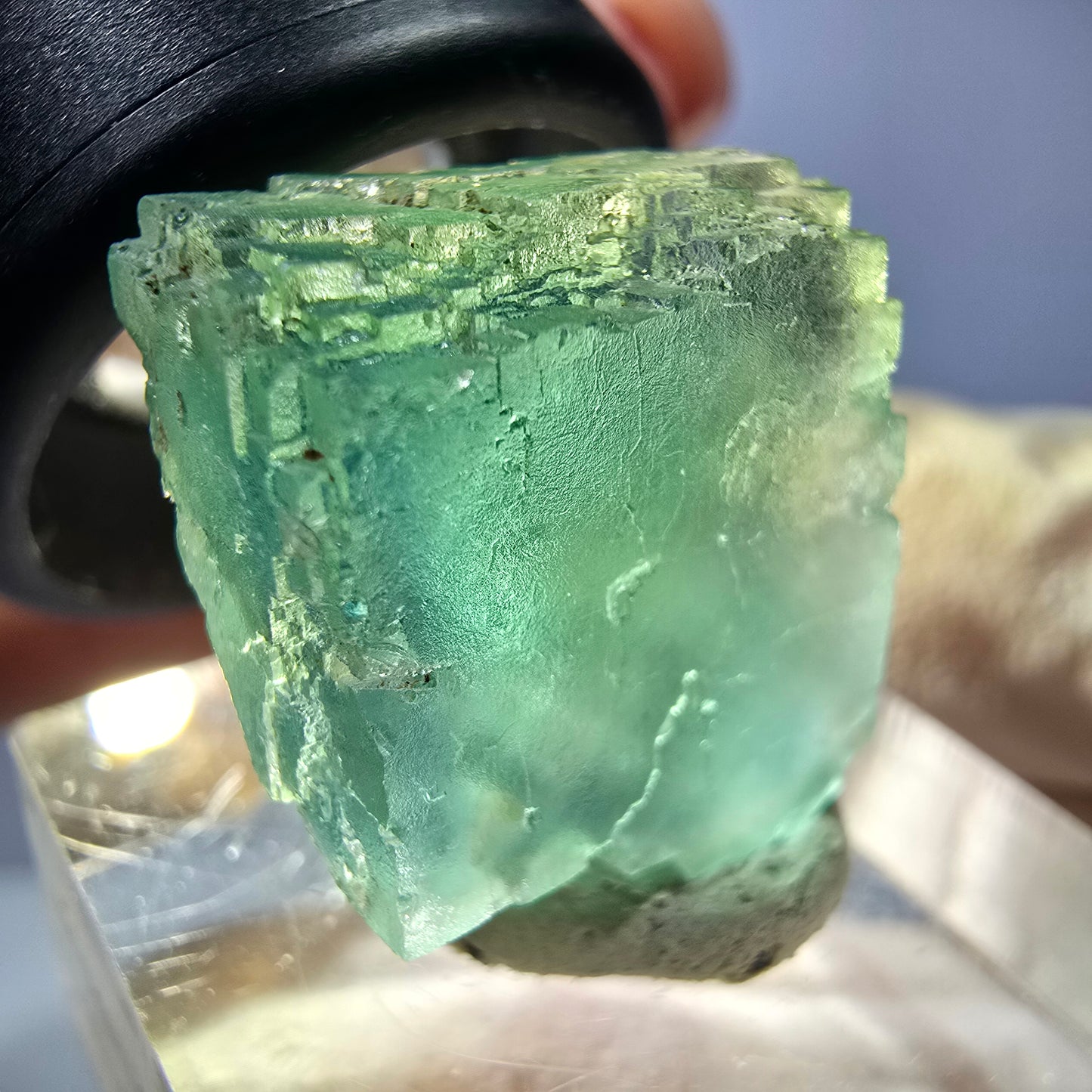 Cube de fluorite fantôme transparente parquetée, vert Okorusu, Namibie 19 x 18 x 15 mm