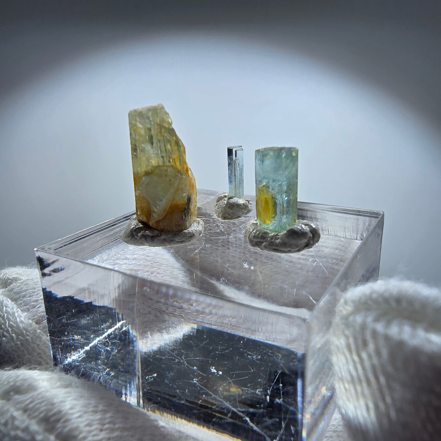 3x Aquamarin Kristalle, blau - 3er Set Erongo, Namibia 7-14mm
