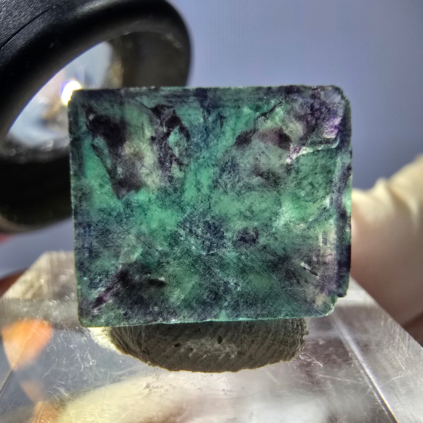 Klarer Phantom Fluorit Würfel, grün lila Okorusu, Namibia 15*13*10mm