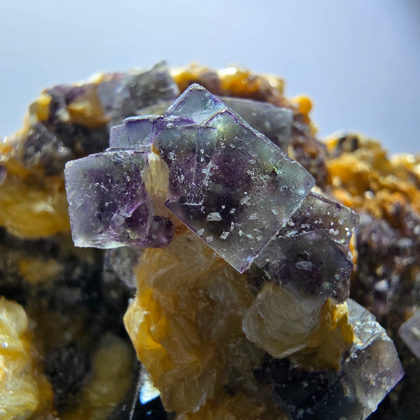 Spécimen de fluorite fantôme colorée, de tourmaline Schorl et de muscovite, Erongo, Namibie, 58 x 51 x 33 mm