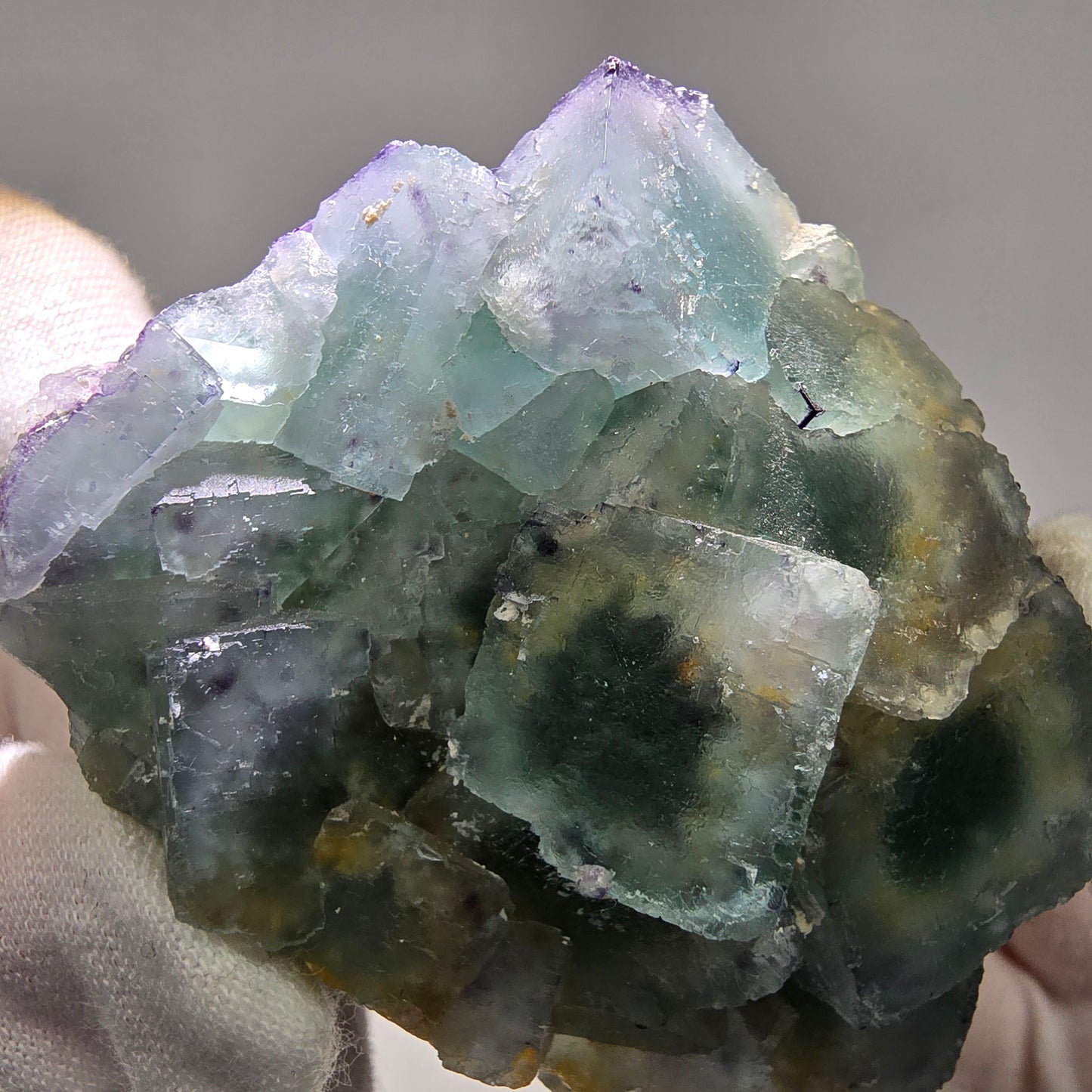 Seltene Phantom Fluorit Würfel Stufe grün lila zonar Okorusu, Namibia 75*69*44mm