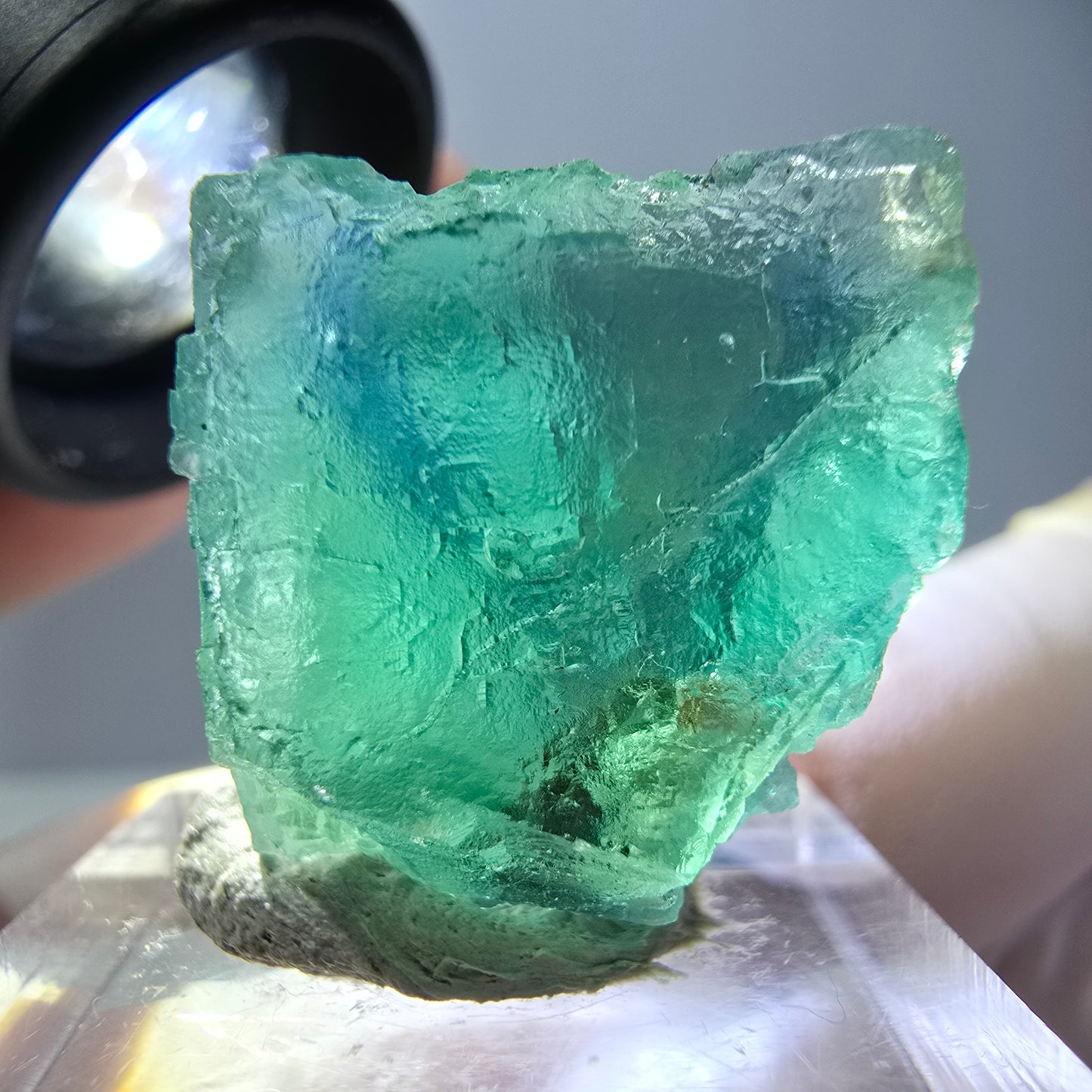 Cube de fluorite fantôme transparente parquetée, vert Okorusu, Namibie 21 x 21 x 19 mm