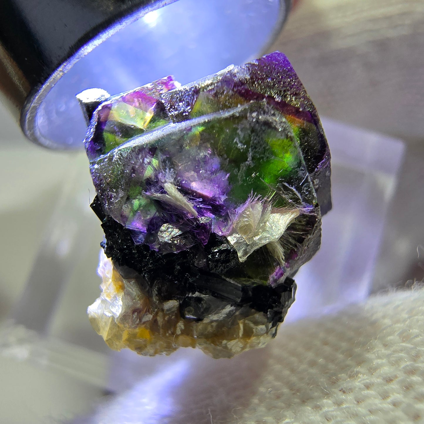 Fluorite fantôme colorée, Spécimen de tourmaline scholle muscovite, Erongo, Namibie, 19 x 17 x 14 mm