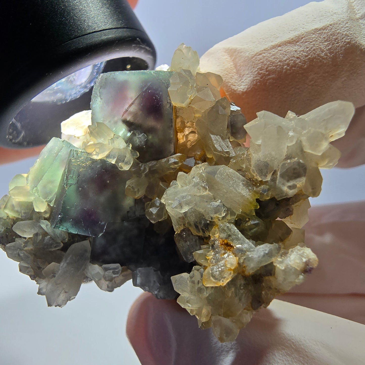 Rare cube de fluorite fantôme, spécimen de quartz vert violet Okorusu Namibie 46 x 33 x 30 mm
