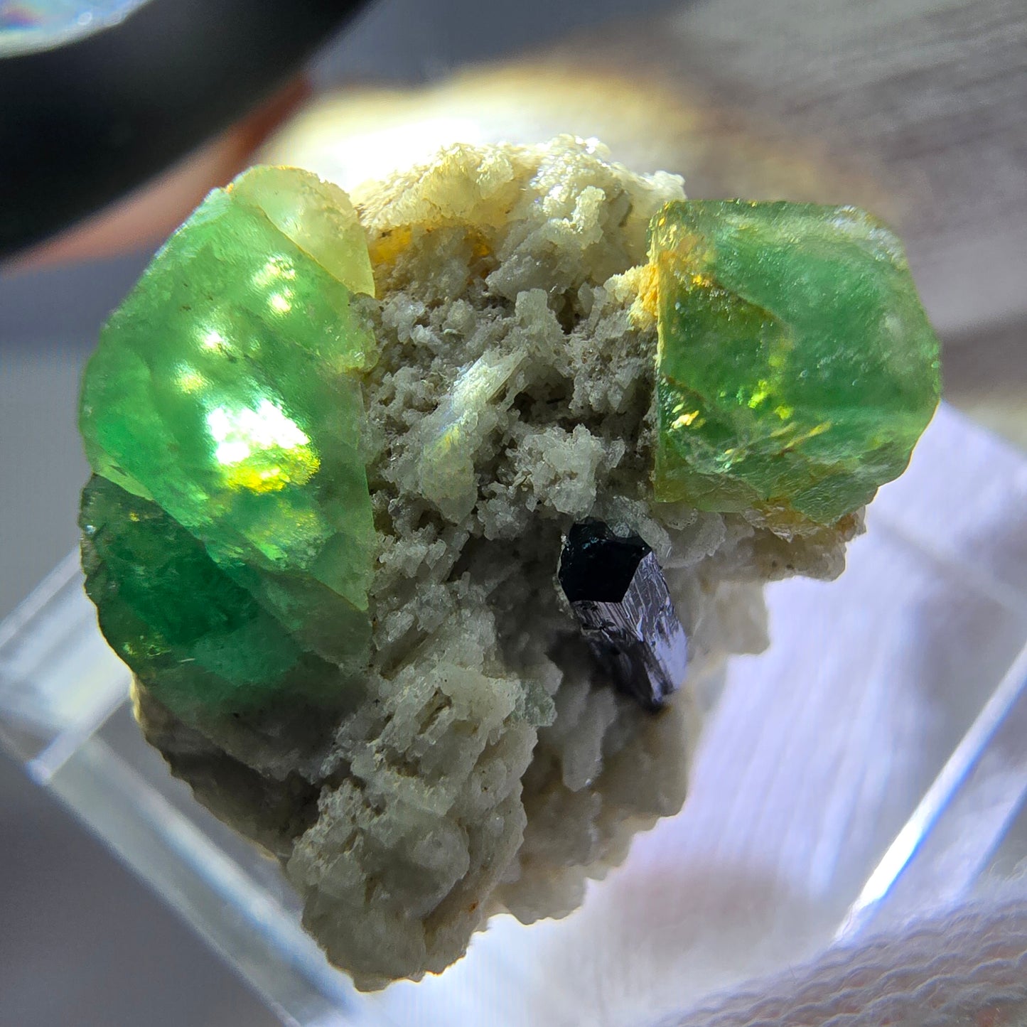 Spécimen de tourmaline Schorl et d'orthose cubique de fluorite fantôme, Erongo, Namibie, 20 x 17 x 16 mm