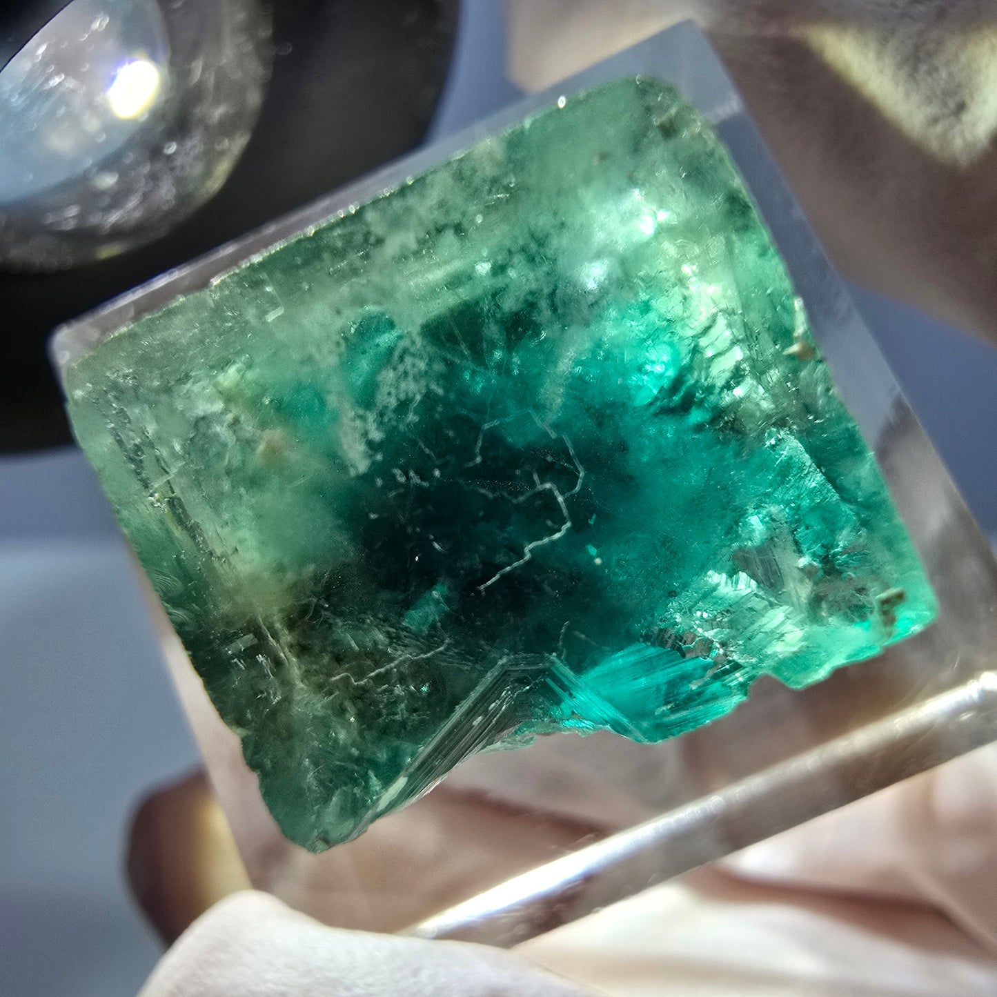 Cube de fluorite fantôme transparente parquetée, vert Okorusu, Namibie 15 x 15 x 13 mm