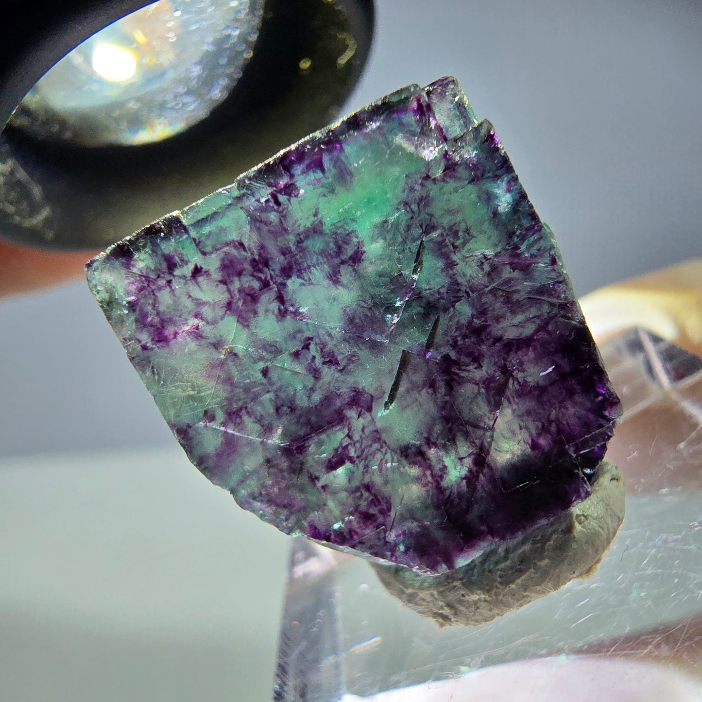 Rare cube de fluorite fantôme parqueté vert violet Okorusu Namibie 21*19*13mm