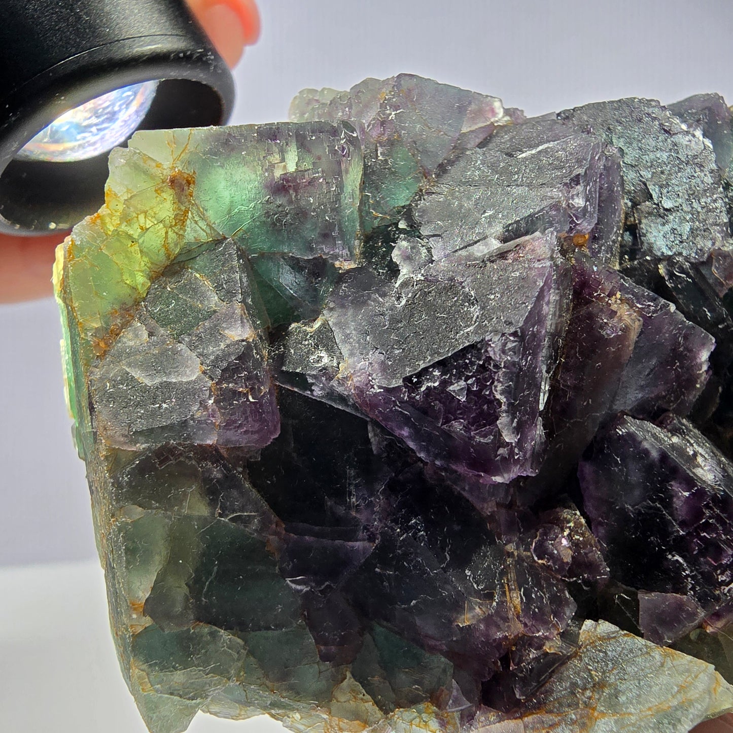 Grand spécimen de cube de fluorite fantôme, vert violet, Okorusu, Namibie, 88 x 60 x 40 mm