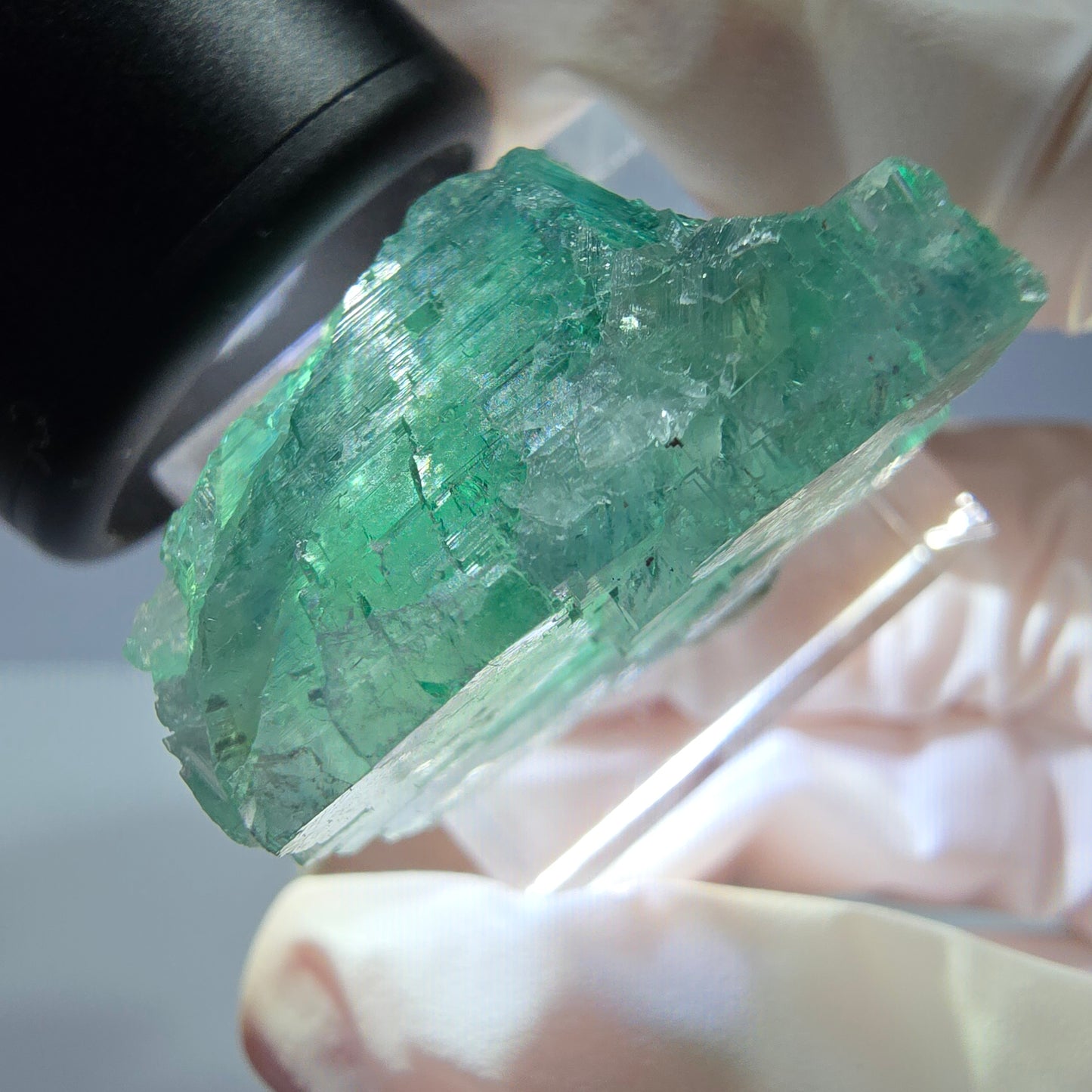Cube de fluorite fantôme transparente parquetée, vert Okorusu, Namibie 28 x 24 x 20 mm