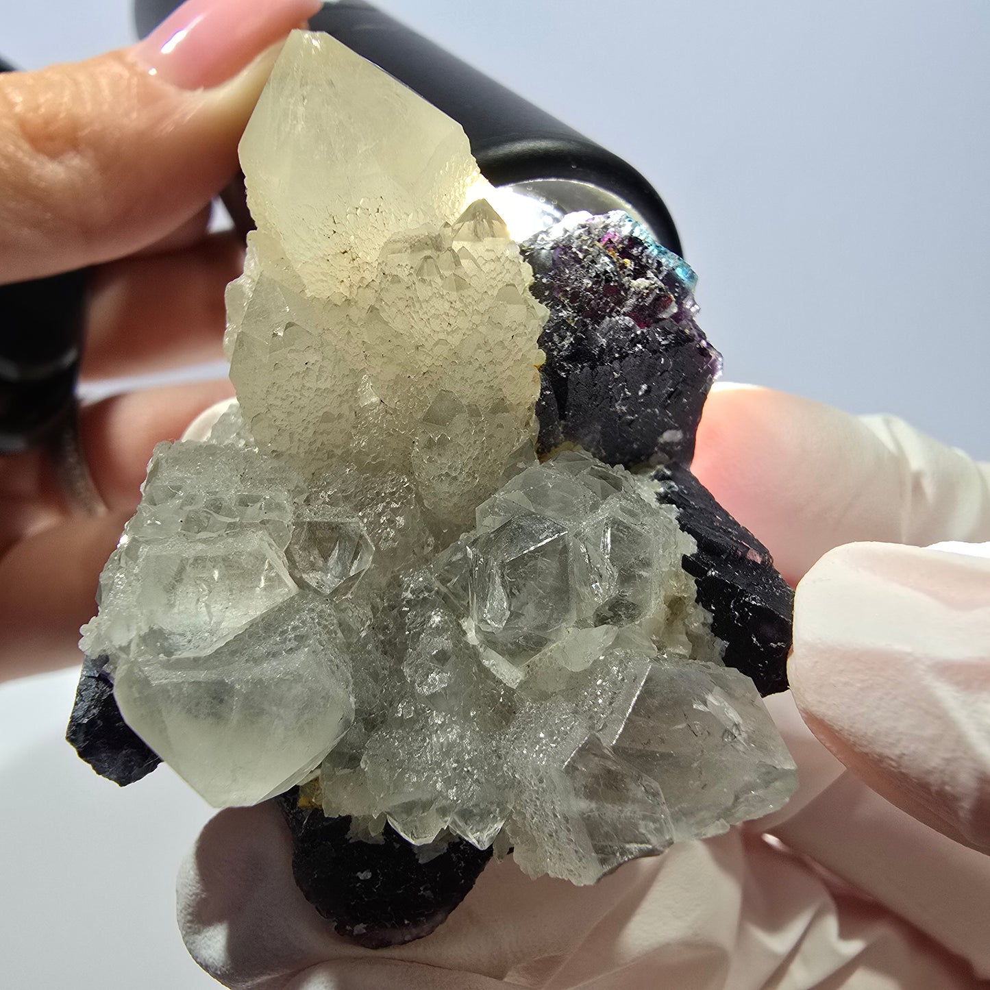 Rare cube de fluorite fantôme, spécimen de quartz vert violet Okorusu Namibie 49*41*29mm