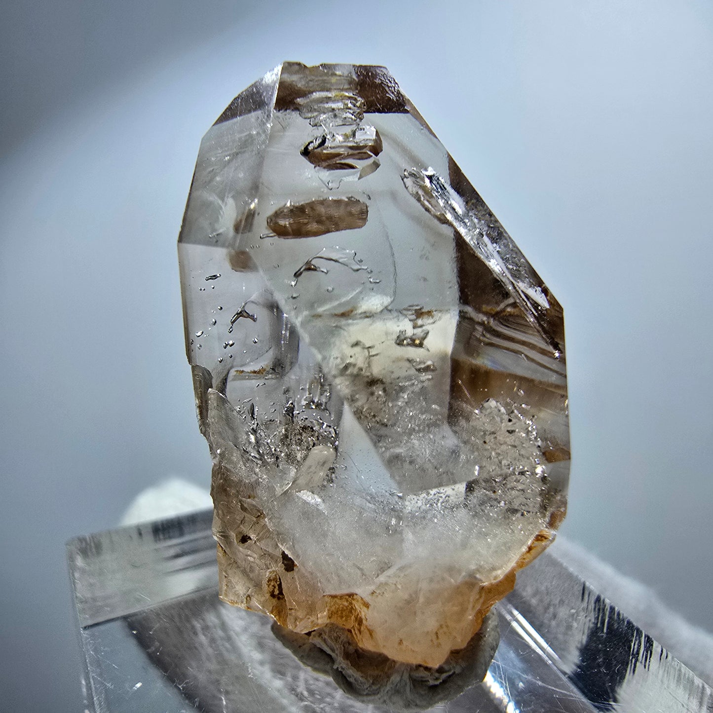 Pointe de sceptre en quartz fumé fantôme transparent, Goboboseb, Namibie, 30 x 19 x 16 mm