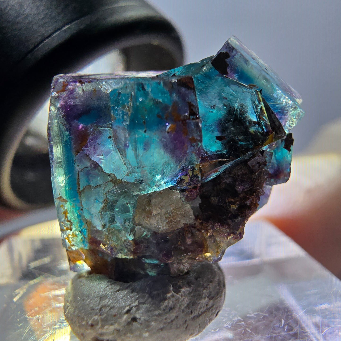 Spécimen de cube de fluorite fantôme, parqueté vert violet Okorusu, Namibie 20 x 15 x 12 mm