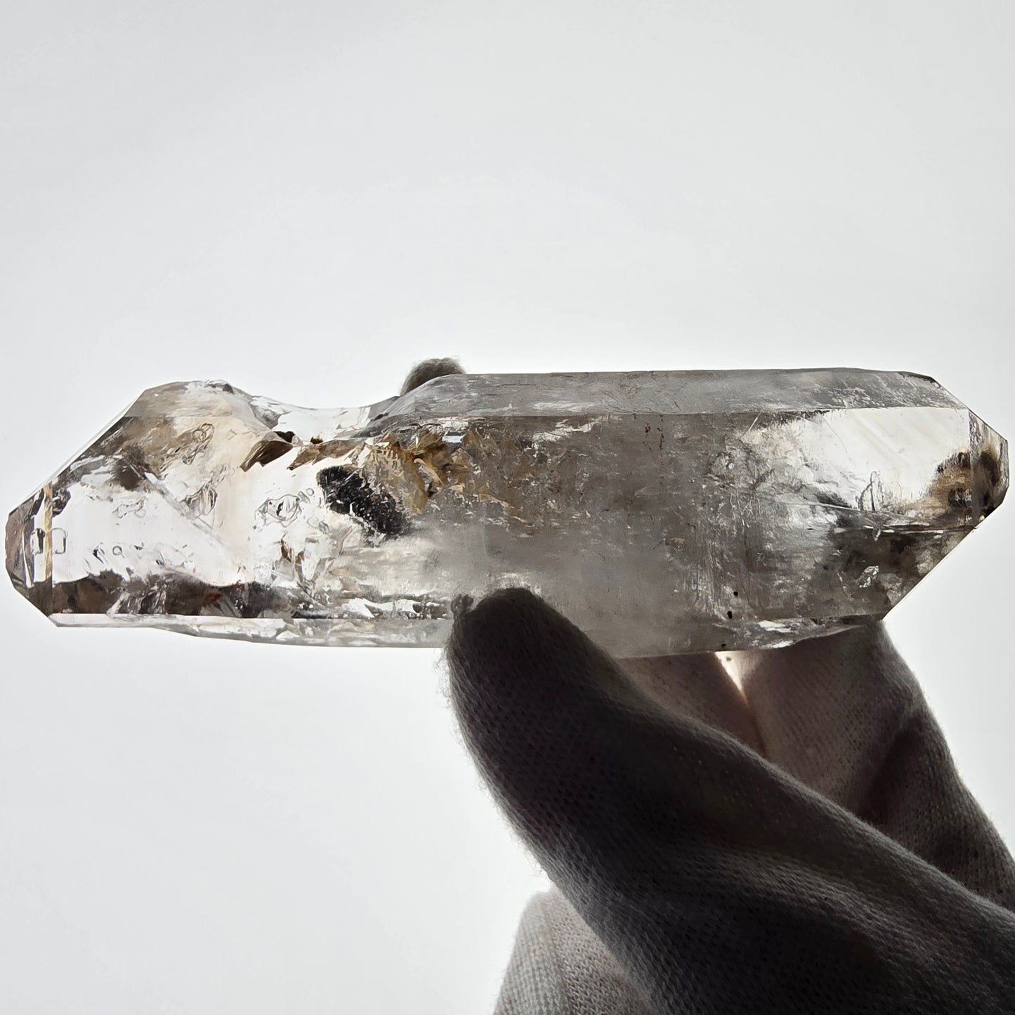 Quartz fumé squelette Enhydro DT, calcite UV, pochette Valentine 3x Bubble, Namibie 118 x 34 x 29 mm