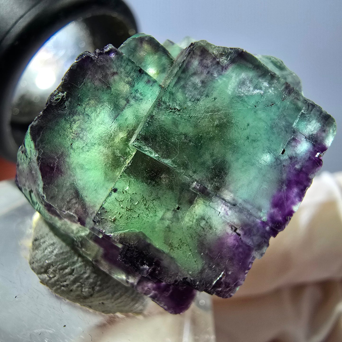 Spécimen de cube de fluorite fantôme, vert violet, Okorusu, Namibie, 26 x 21 x 15 mm