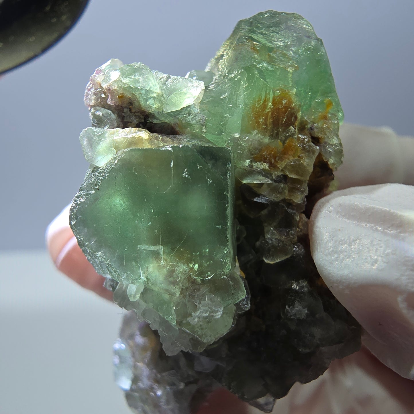 Rare cube de fluorite fantôme, spécimen de quartz vert violet Okorusu Namibie 47 x 28 x 25 mm
