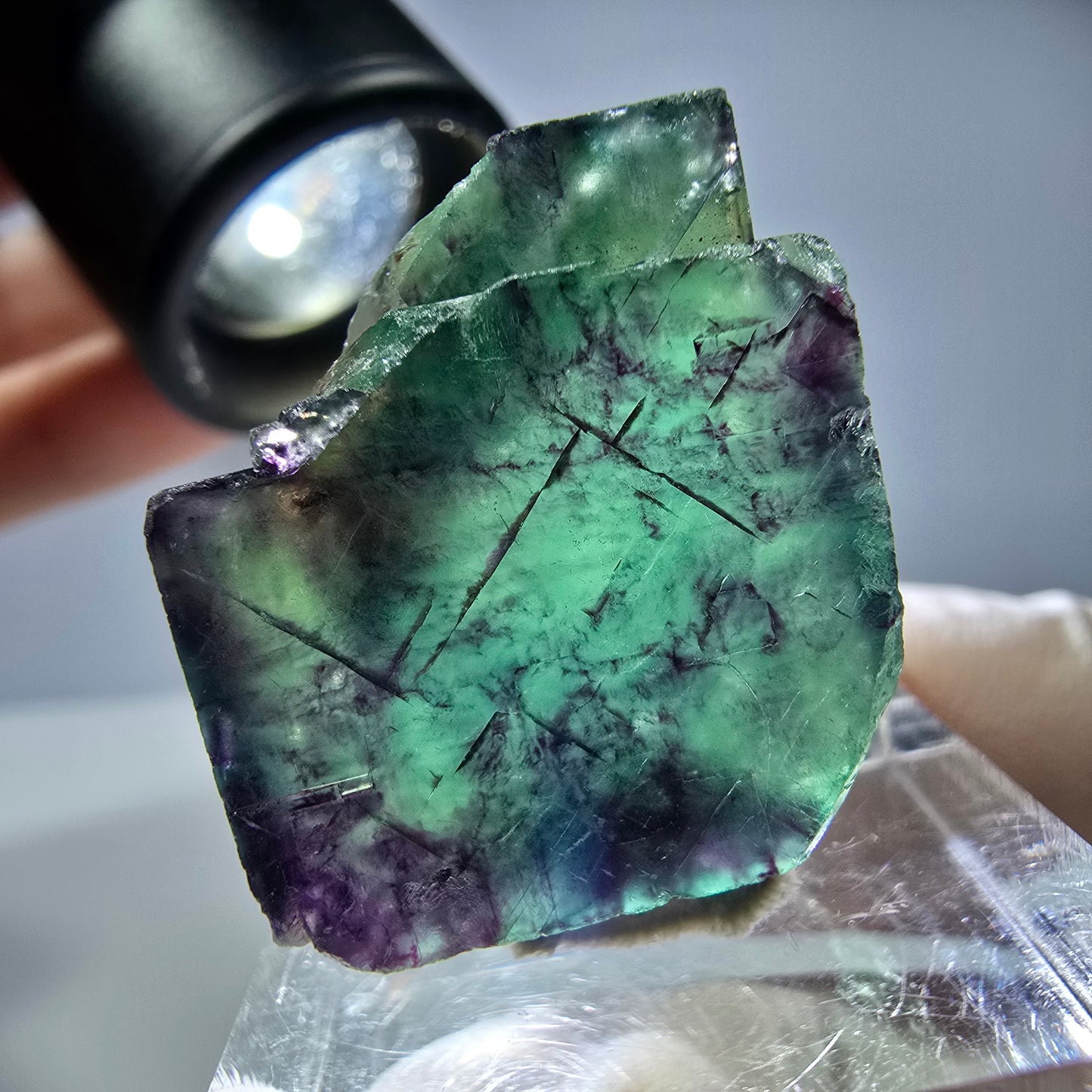 Rare cube de fluorite fantôme parqueté vert violet Okorusu Namibie 25*21*11mm