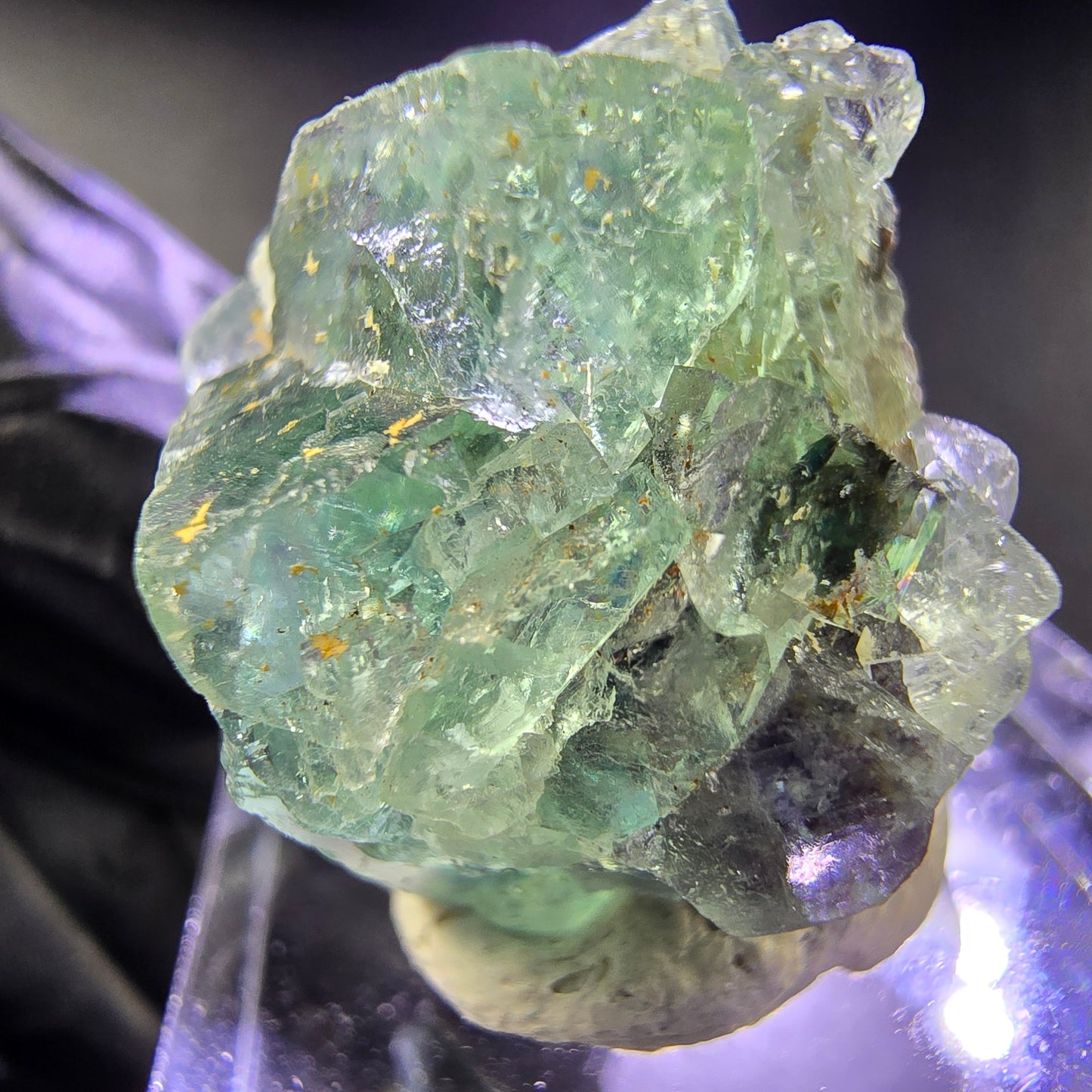 Klare Phantom Fluorit XX Würfel Stufe grün lila 23*19*17mm aus Okorusu, Namibia