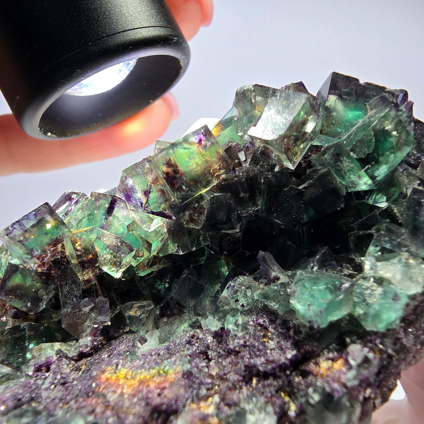 Grand spécimen de cube de fluorite fantôme, vert violet, Okorusu, Namibie, 83 x 55 x 29 mm