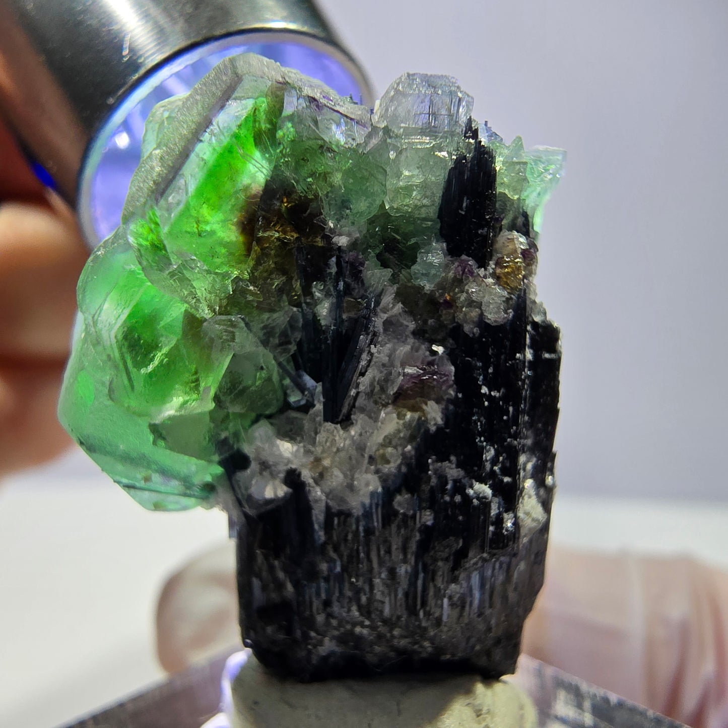 Cube de fluorite fantôme hexagonal, muscovite, tourmaline Schörl Erongo, Namibie 29*21*21mm